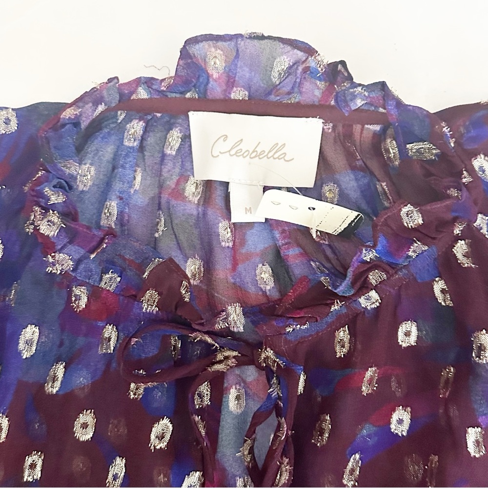 Evereve Purple Floral Sheer Tie-Neck Blouse - Picture 7 of 12